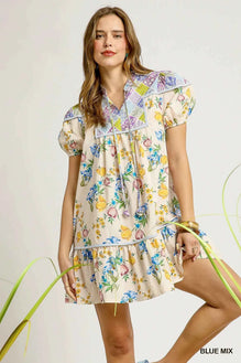 Umgee Floral Print Tie Neck Puff Sleeve Dress