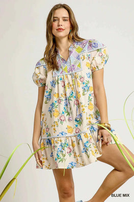 Umgee Floral Print Tie Neck Puff Sleeve Dress