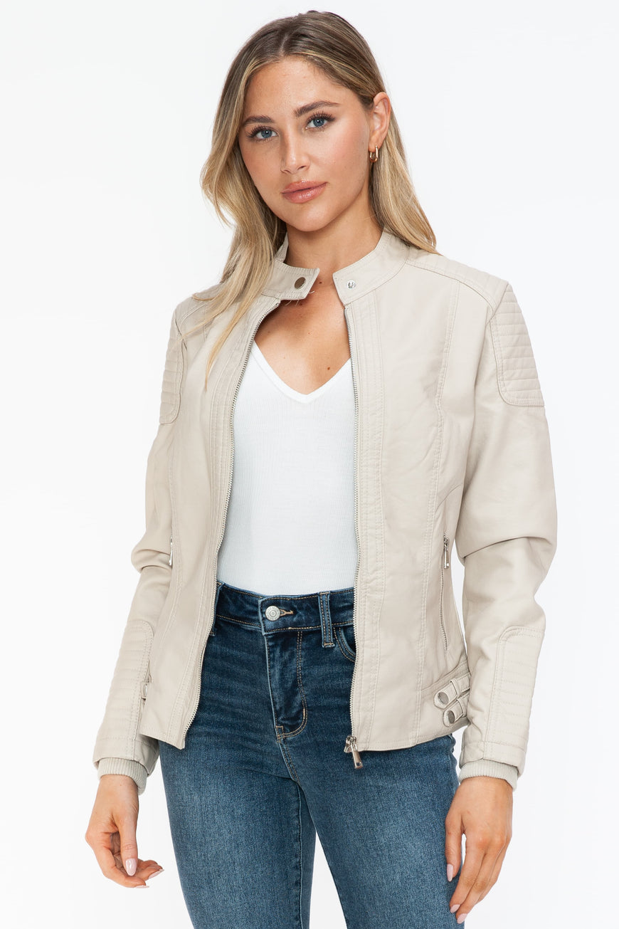 Snobbish Faux Leather Biker Jacket with Side Zip Pockets - TopFashionHQ