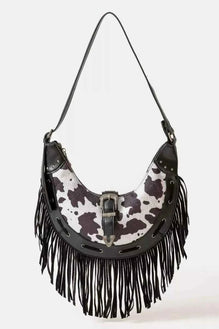 Fame Cow Print Faux Leather Fringe Hobo Bag