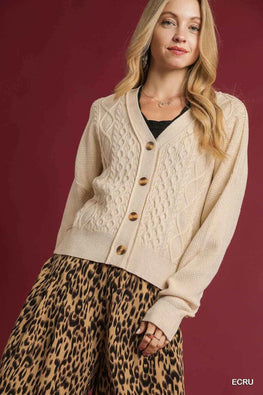 Umgee Chunky Cable Knit V-Neck Button-Up Cardigan