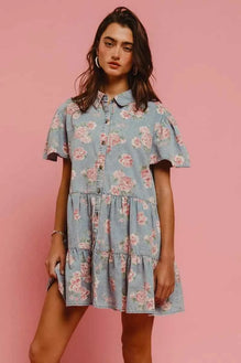 BiBi Floral Print Washed Lightweight Tiered Shirt Dress