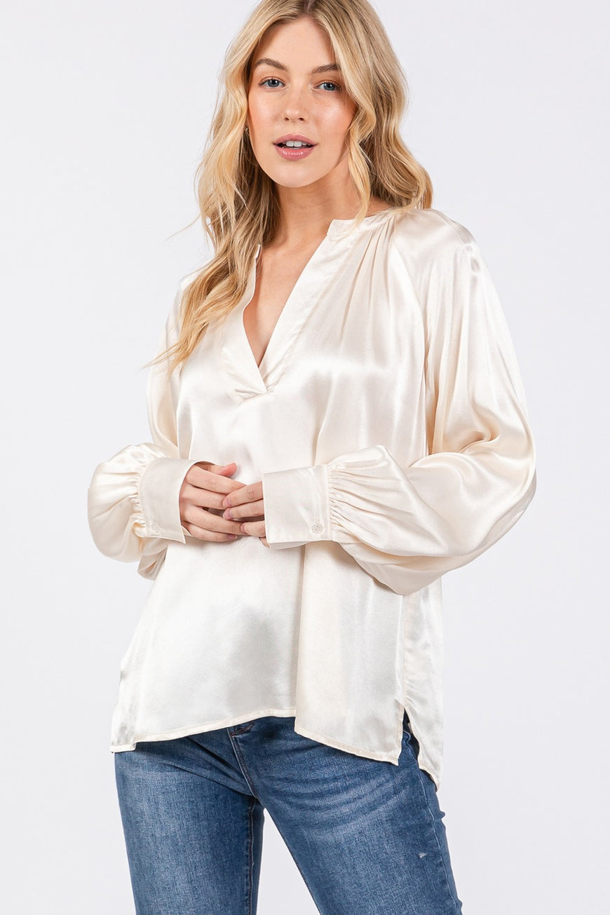 SAGE + FIG Notched Long Sleeve Blouse - TopFashionHQ
