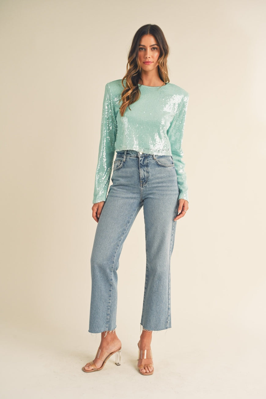 MABLE Shoulder Padded Sequin Crop Top - TopFashionHQ