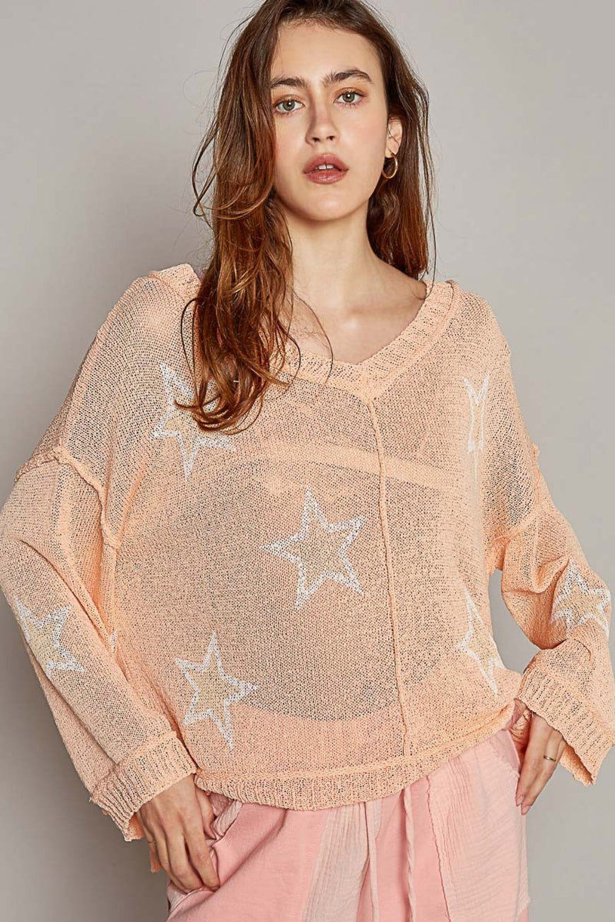 POL V-Neck Long Sleeve Star Print Knit Top - TopFashionHQ