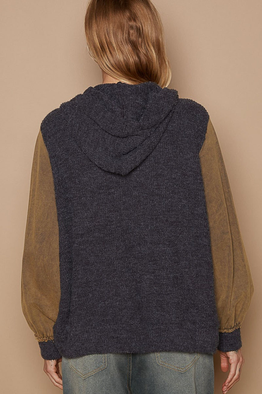POL Contrast Square Patch Pattern Hooded Zipper Jacket - TopFashionHQ