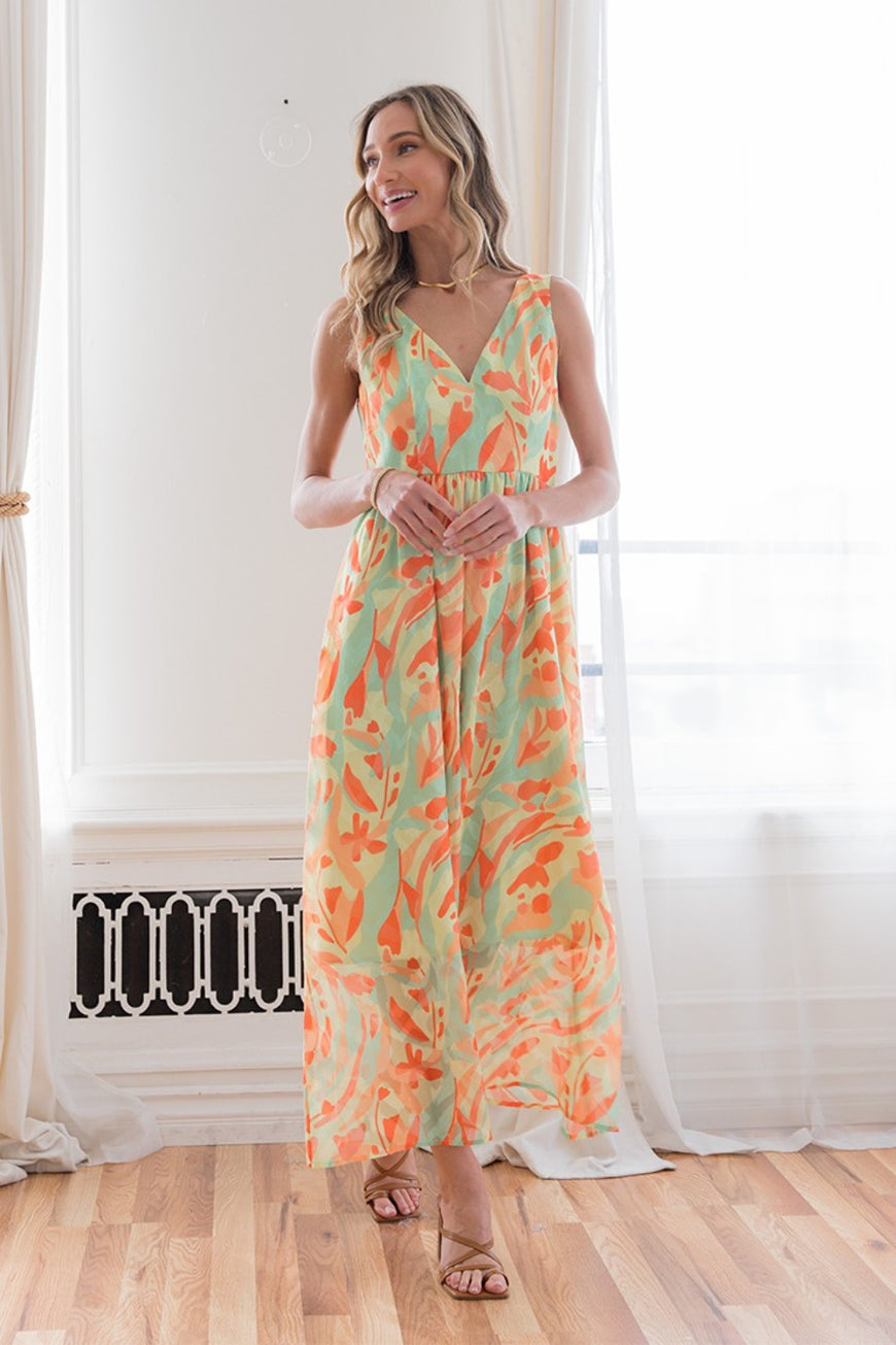Sew In Love Printed V-Neck Sleeveless Dress - TopFashionHQ
