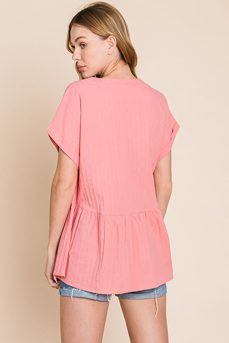 Cotton Bleu by Nu Label Notched Short Sleeve Peplum Top - TopFashionHQ