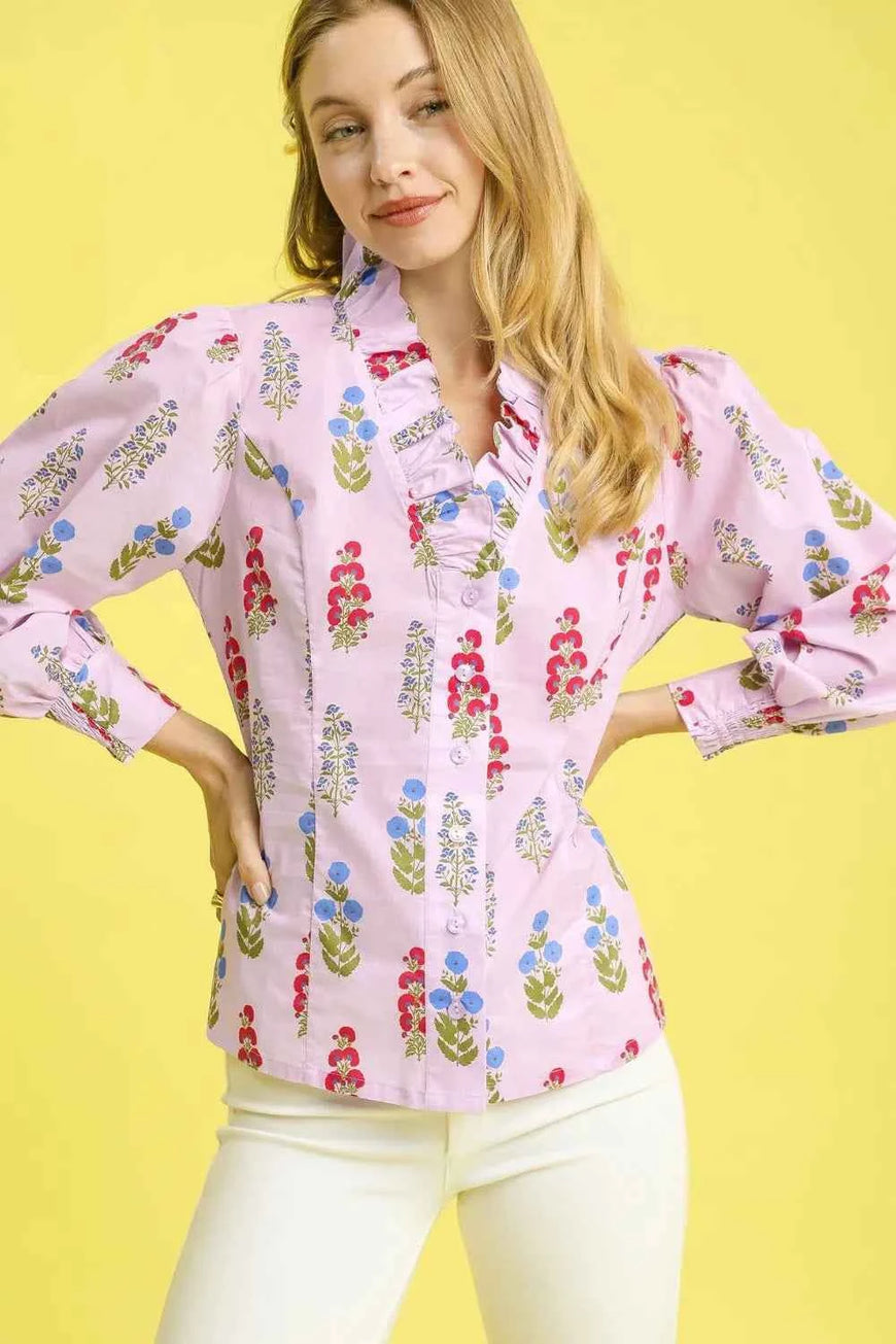 Umgee Floral Print Lantern Sleeve Button Down Shirt