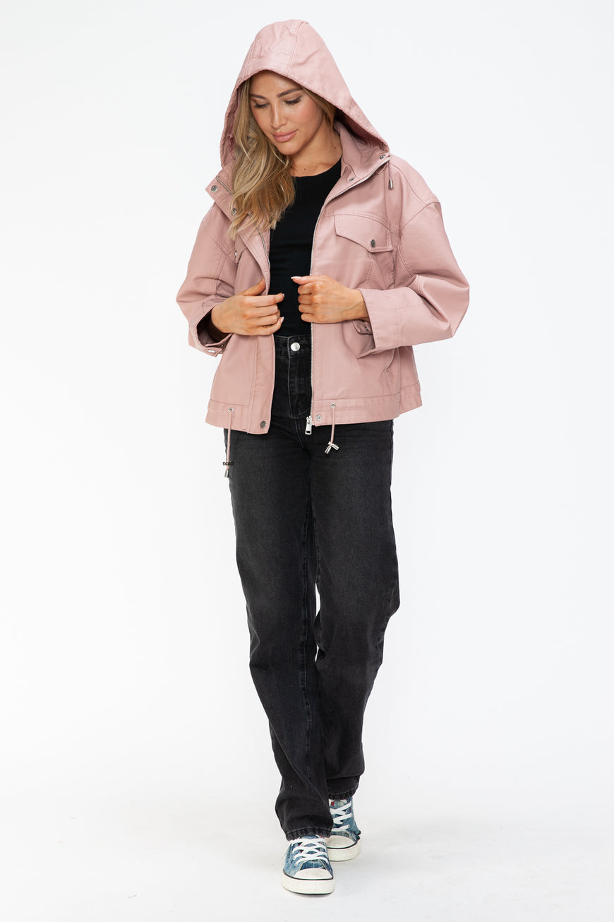 How Dare U Drawstring Hem PU Leather Zip Up Jacket - TopFashionHQ