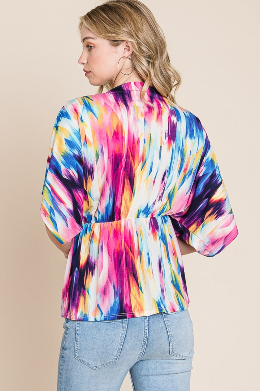 BOMBOM Printed Surplice Peplum Blouse - TopFashionHQ