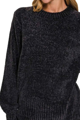 Zenana Round Neck Balloon Sleeve Chenille Sweater