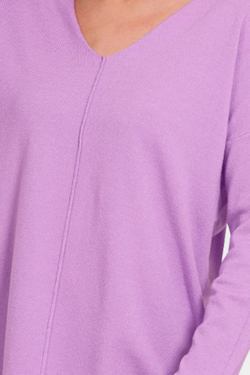 Zenana Slit V-Neck Dropped Shoulder Sweater - TopFashionHQ