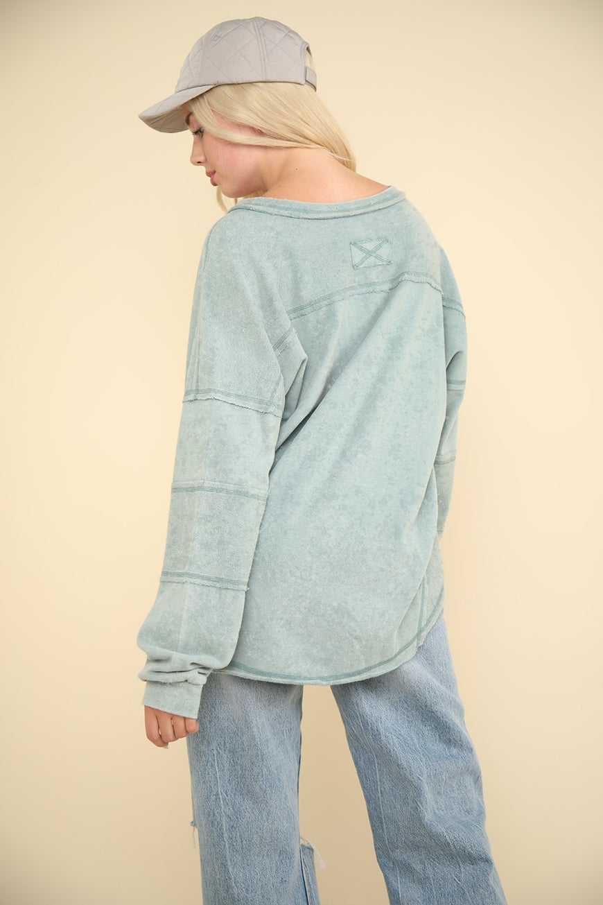 VERY J Washed V-Neck Exposed Seam Knit Top - TopFashionHQ