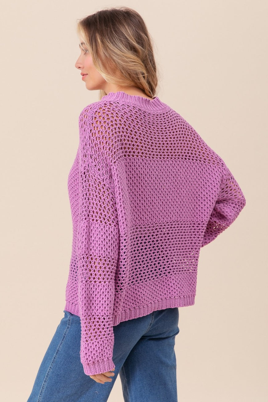 BiBi Openwork Long Sleeve Knit Top - TopFashionHQ
