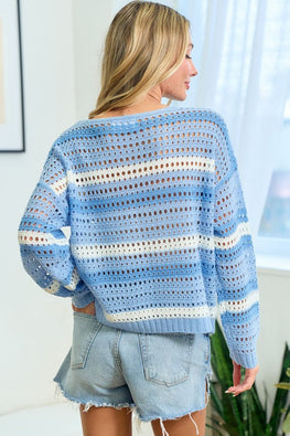 First Love Striped Long Sleeve Openwork Knit Top - TopFashionHQ