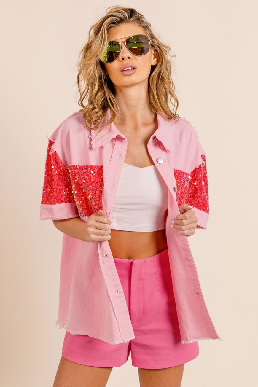 BiBi Sequin Detail Raw Hem Short Sleeve Shirt - TopFashionHQ