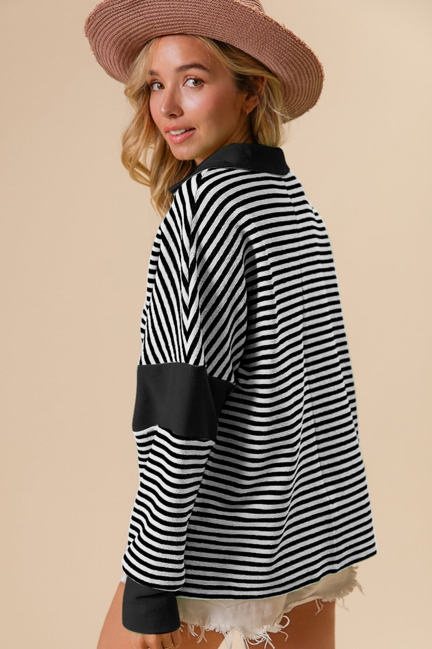 BiBi Striped Contrast Long Sleeve Knit Top - TopFashionHQ
