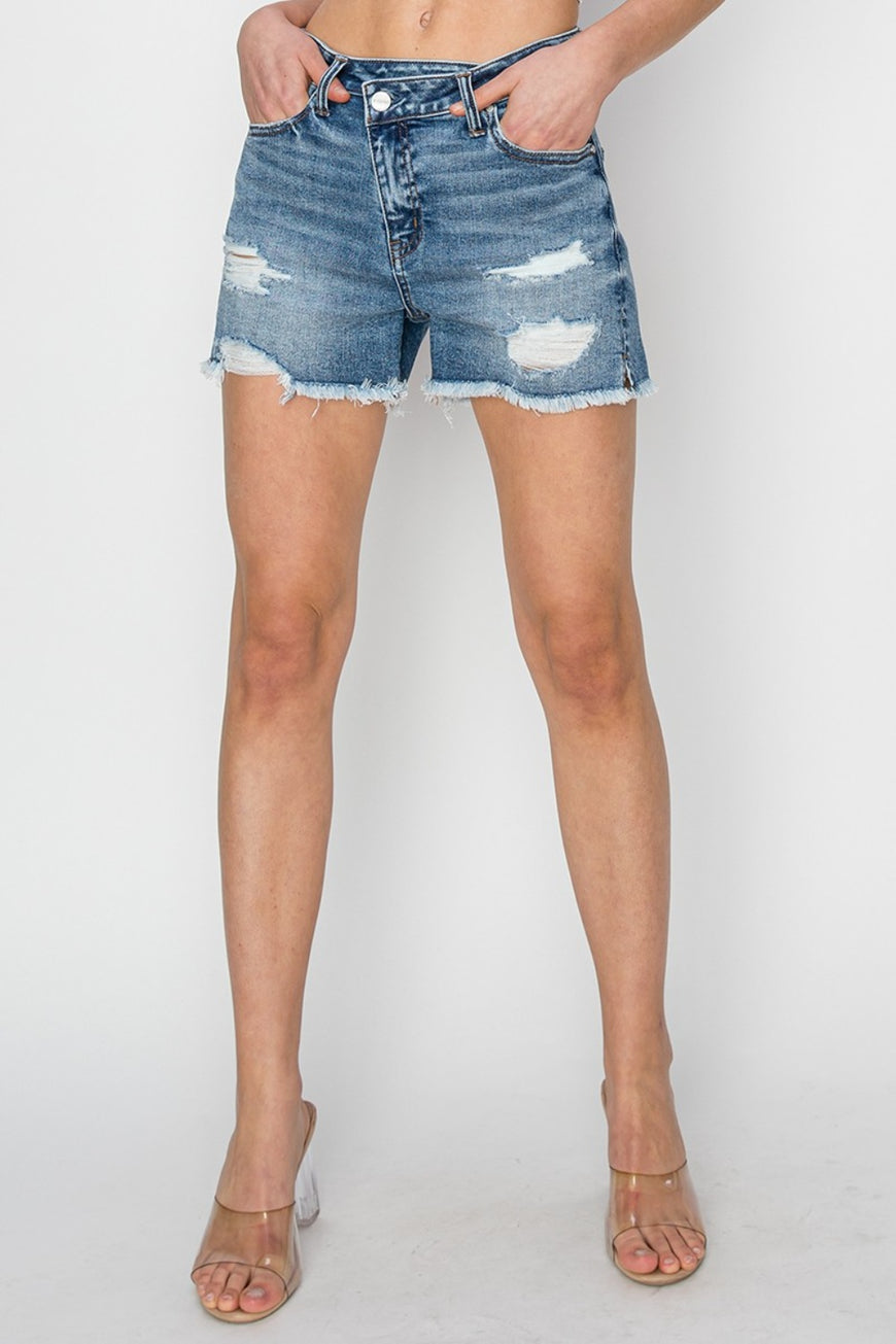 RISEN Stepped Waist Frayed Denim Shorts - TopFashionHQ