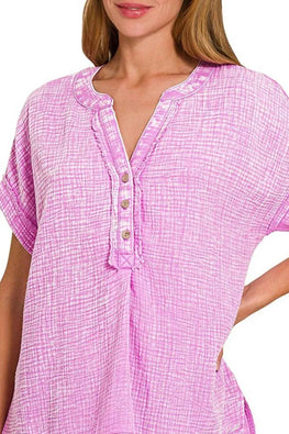 Zenana Washed Double Gauze 3/4 Button Henley Neck Shirt