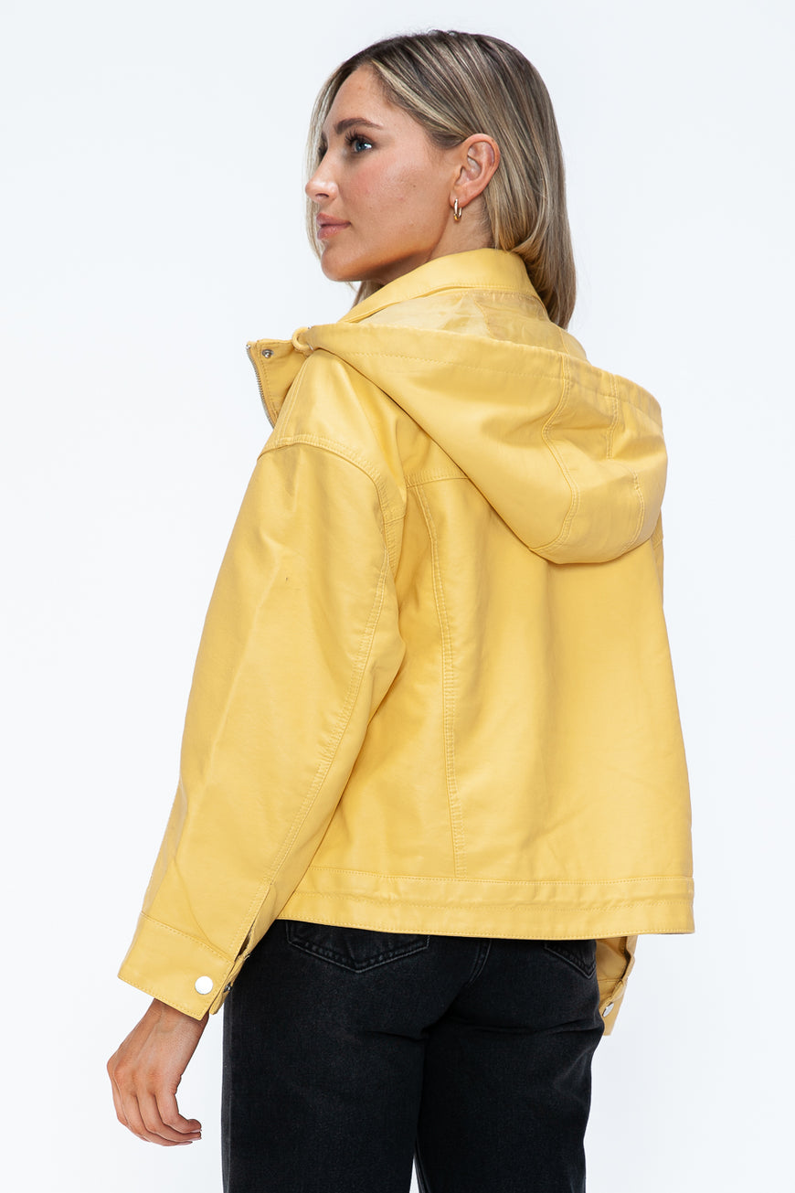 How Dare U Drawstring Hem PU Leather Zip Up Jacket - TopFashionHQ