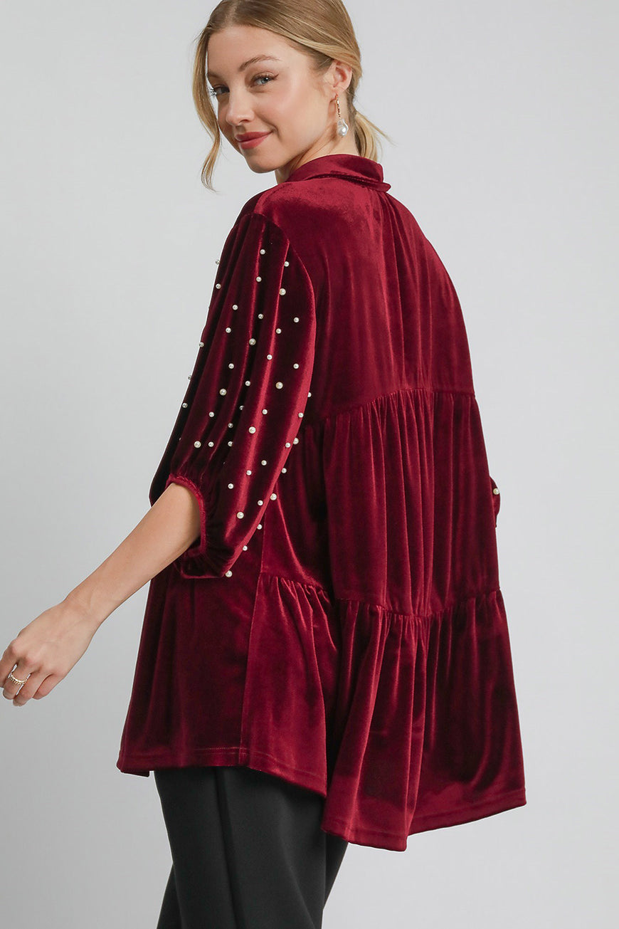 Umgee Pearl Detail Collared Neck Velvet Babydoll Blouse - TopFashionHQ