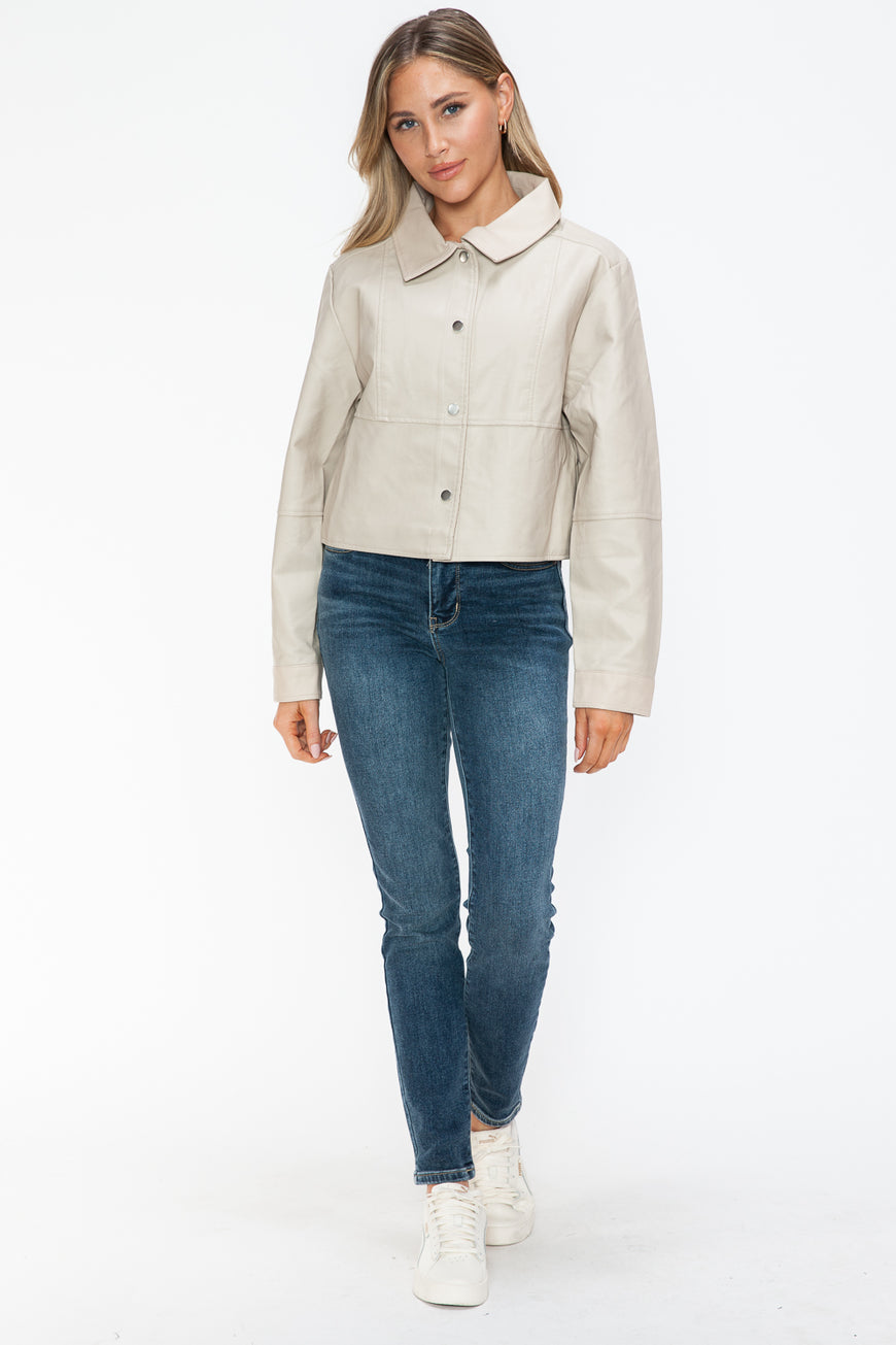 Snobbish Snap Down Long Sleeve PU Leather Jacket - TopFashionHQ
