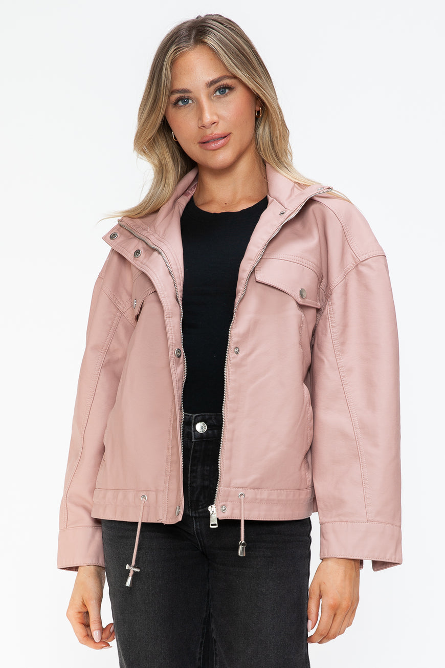 How Dare U Drawstring Hem PU Leather Zip Up Jacket - TopFashionHQ