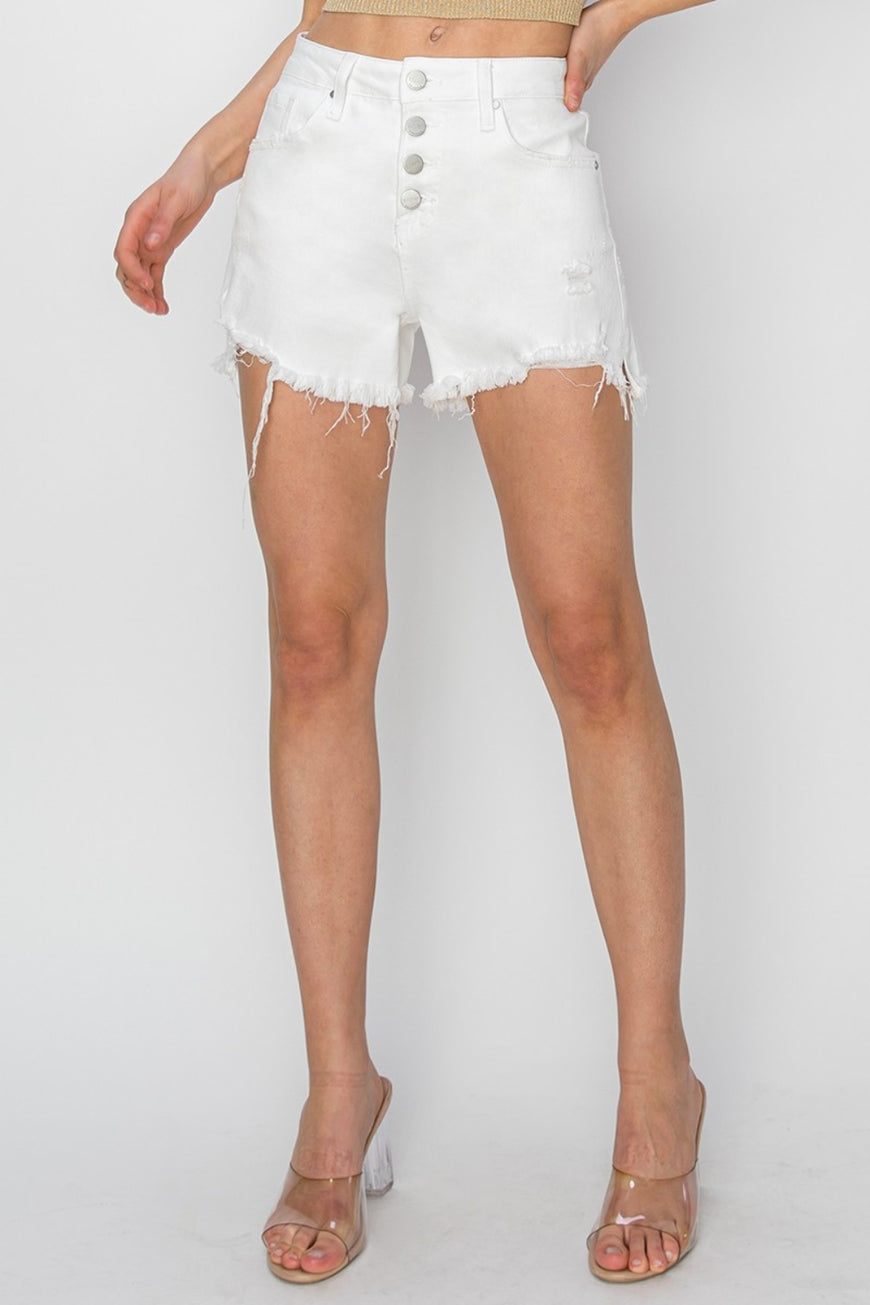 RISEN Button Fly Frayed Hem Denim Shorts - TopFashionHQ