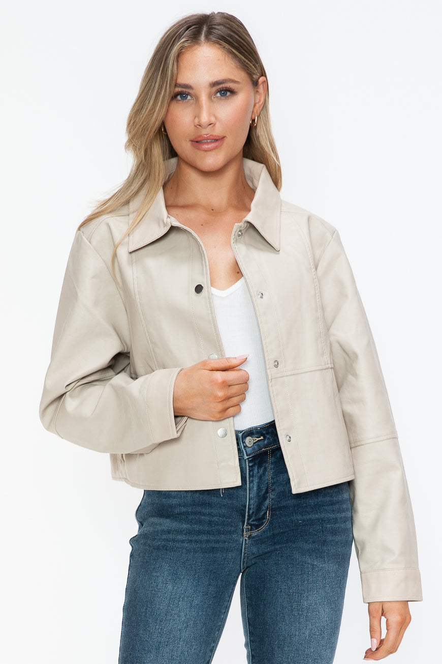 Snobbish Snap Down Long Sleeve PU Leather Jacket - TopFashionHQ