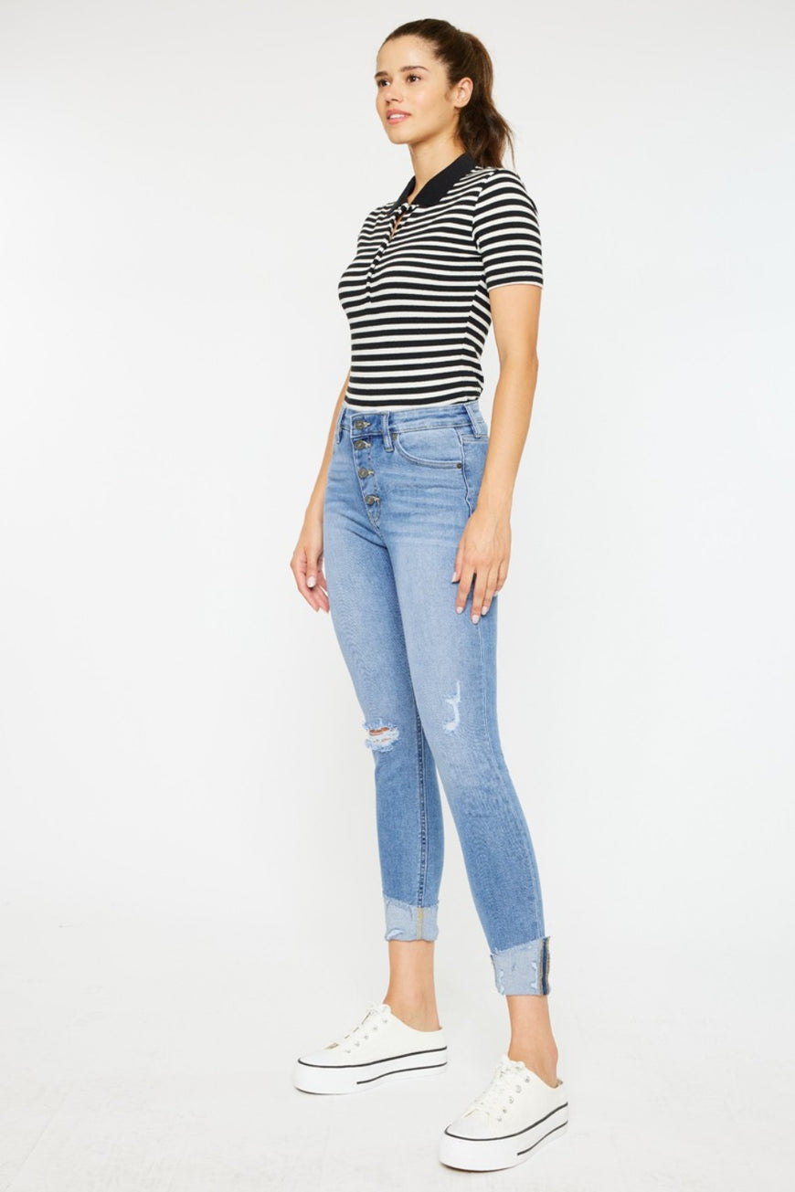 Kancan Distressed Cat's Whiskers Button Fly Jeans - TopFashionHQ