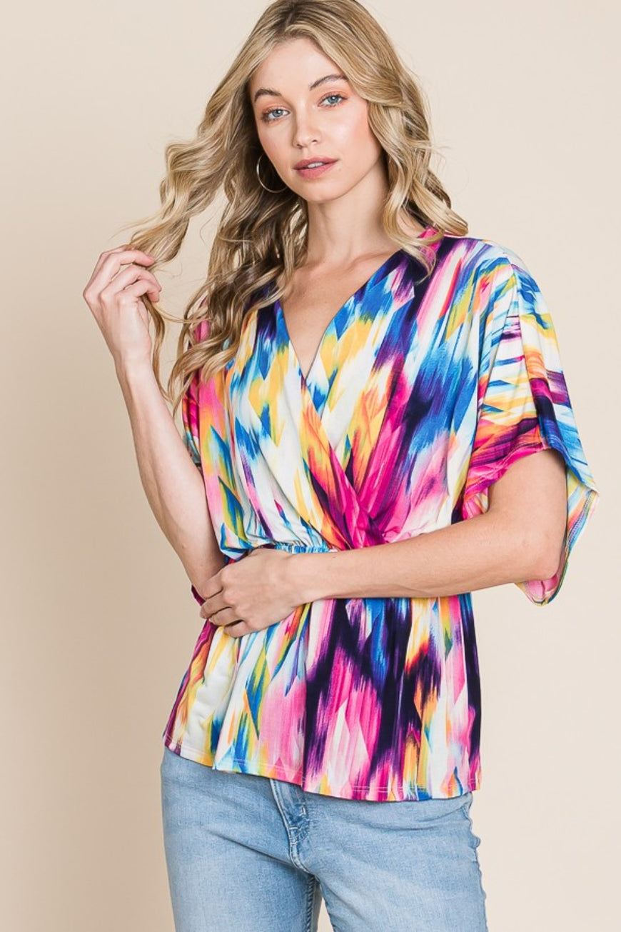 BOMBOM Printed Surplice Peplum Blouse - TopFashionHQ