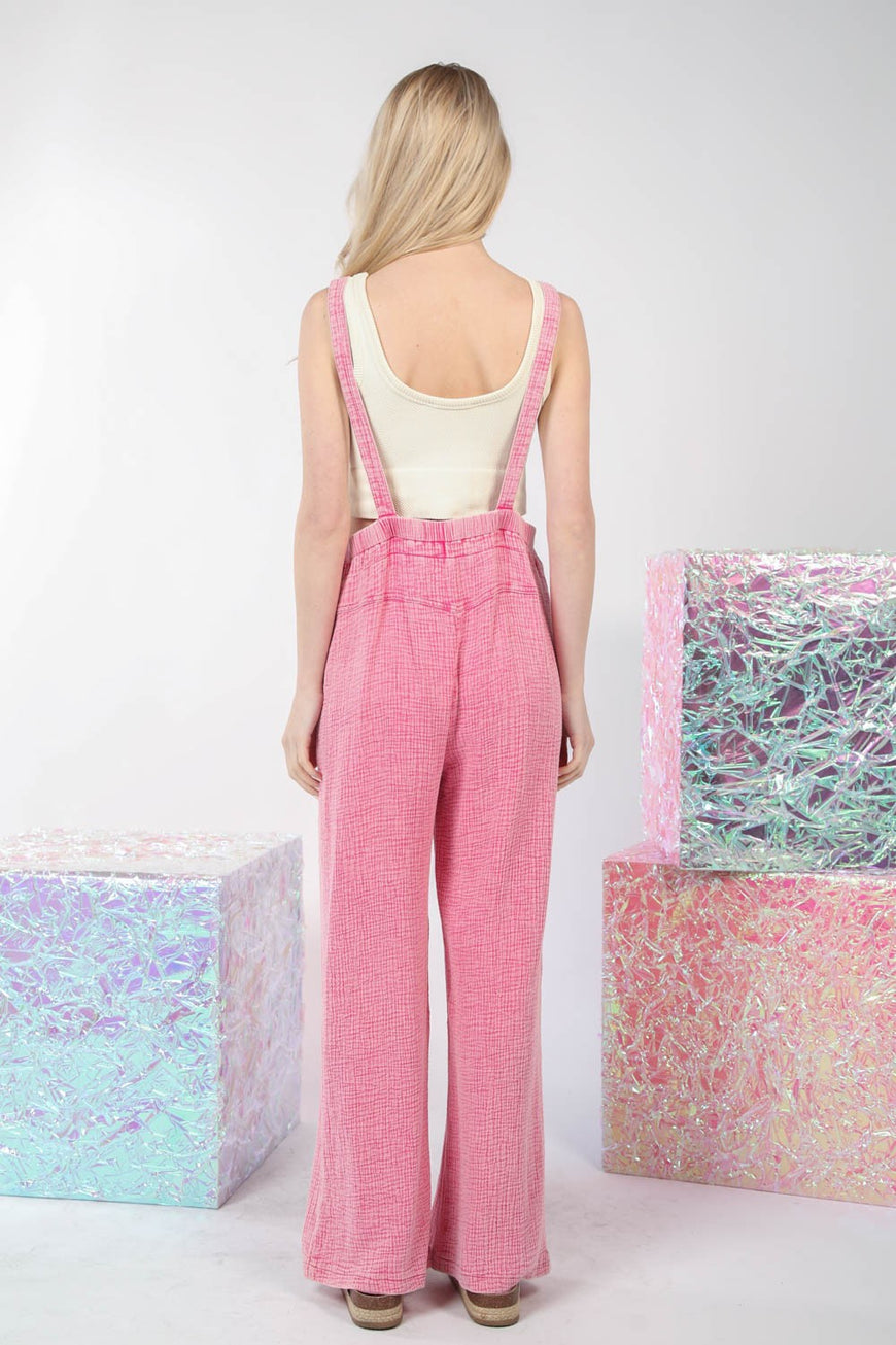 VERY J Texture Washed Wide Leg Overalls - TopFashionHQ