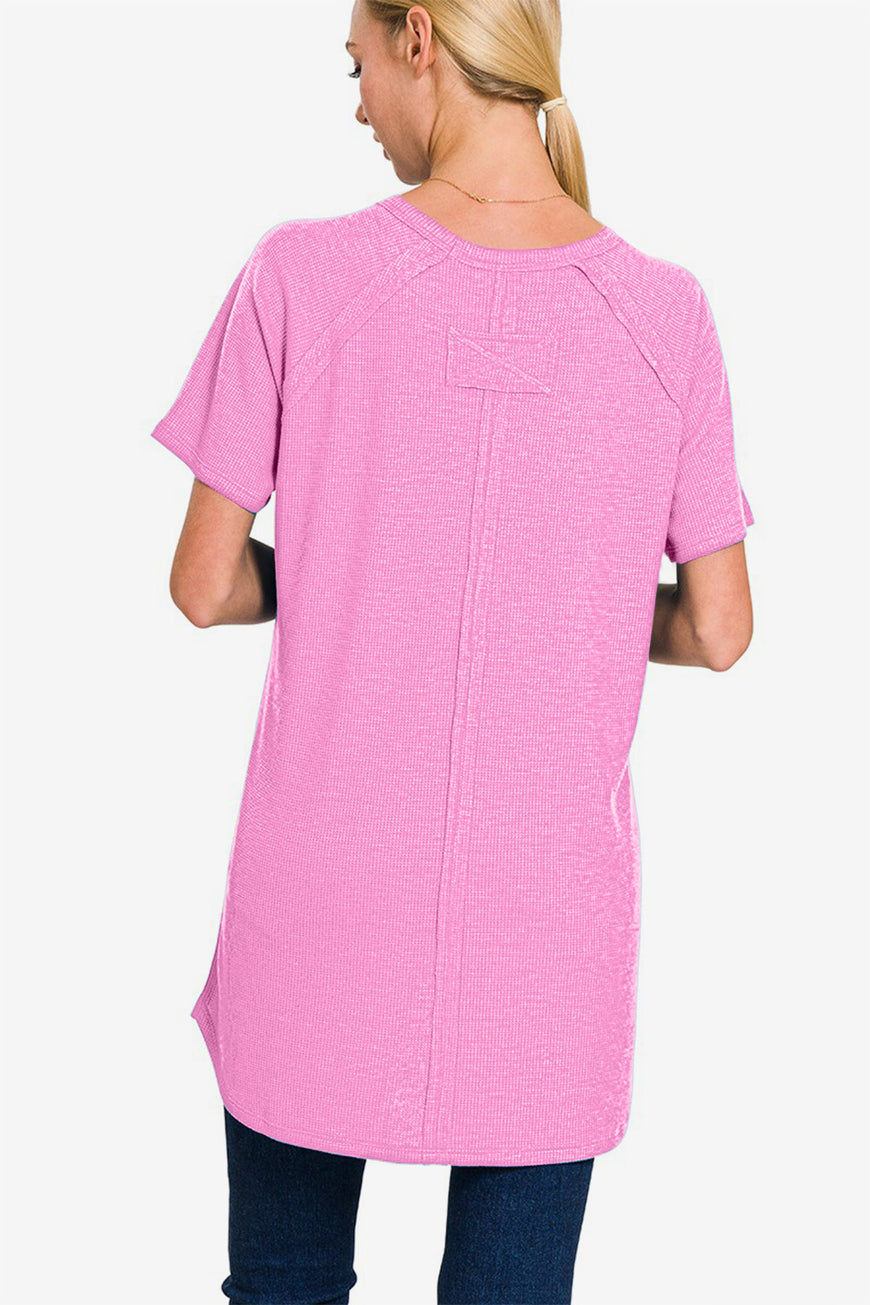 Zenana Slit Round Neck Short Sleeve Waffle Top - TopFashionHQ