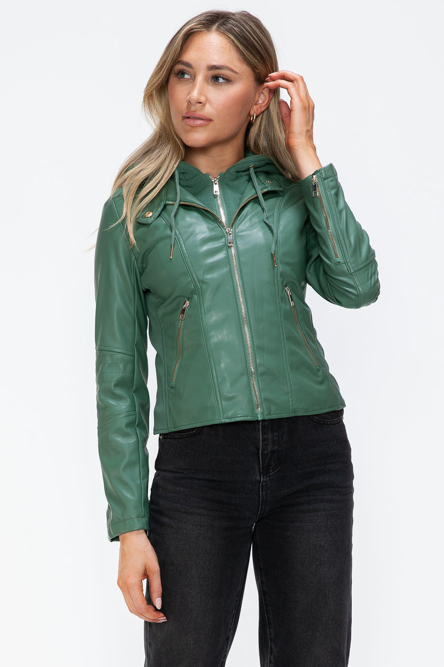 Snobbish Faux Leather Zip Up Drawstring Hooded Jacket - TopFashionHQ