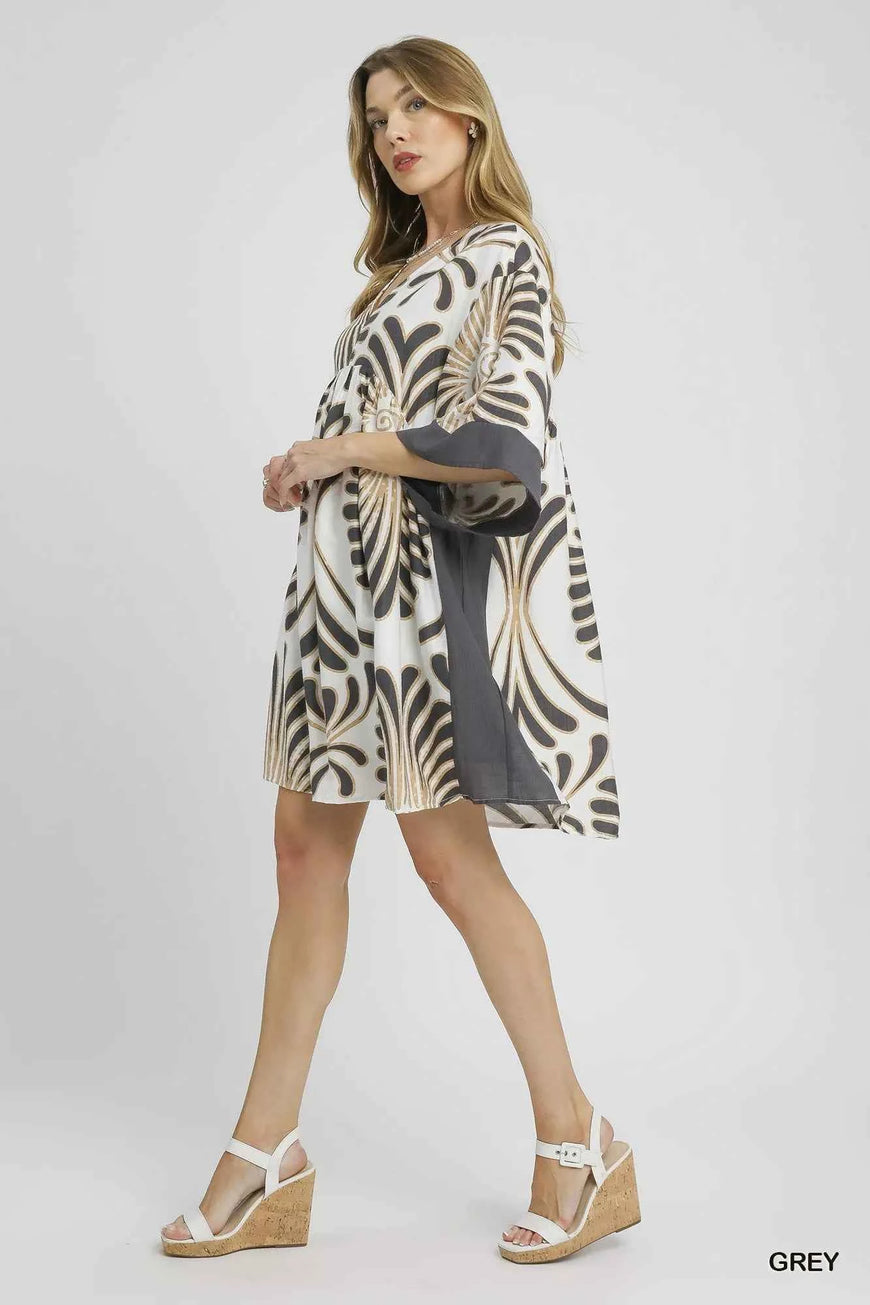 Umgee Abstract Print Kimono Sleeve Mini Dress