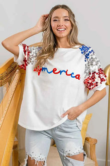 BiBi America Letter Applique Spangle Puff Sleeves Top