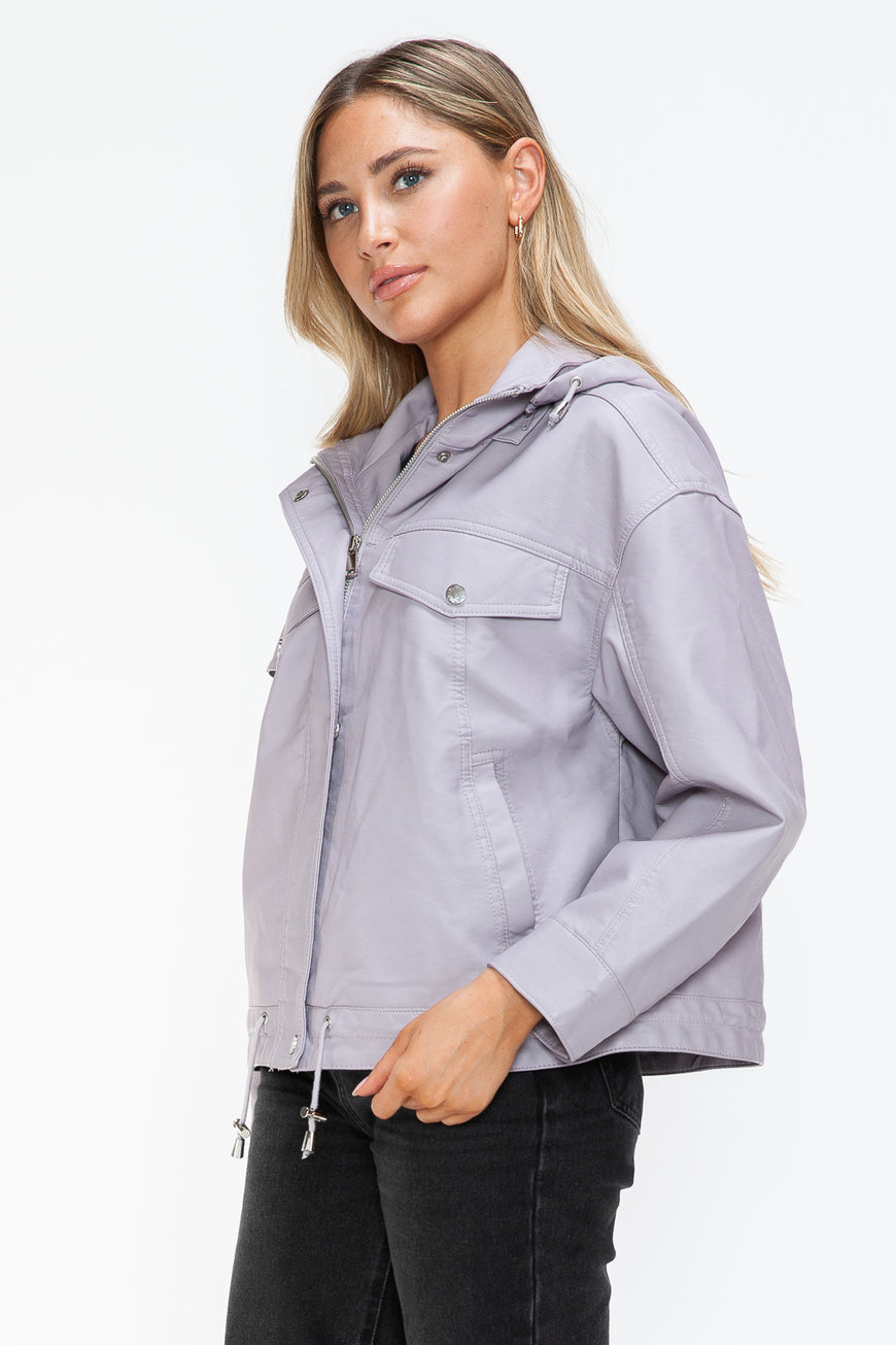 How Dare U Drawstring Hem PU Leather Zip Up Jacket - TopFashionHQ