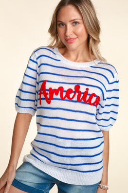 Haptics Letter Embroidery Striped Knit Top - TopFashionHQ