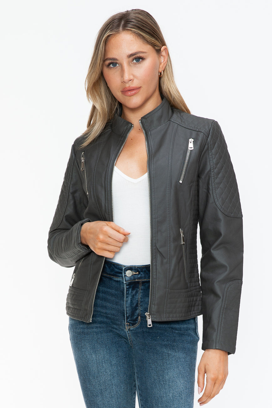 Snobbish Faux Leather Zip Up Mock Neck Jacket - TopFashionHQ