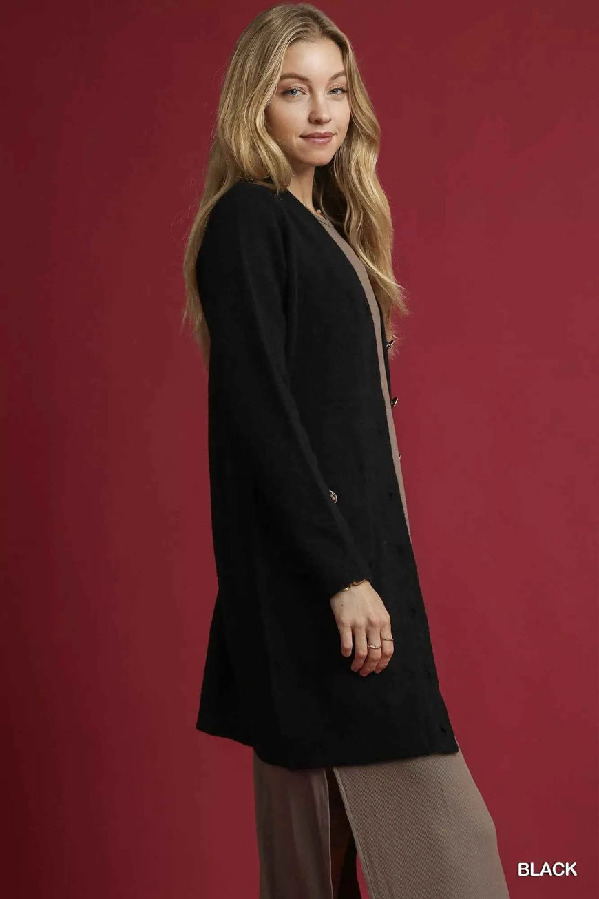 Umgee Button-Down Longline Sweater Cardigan with Front Pockets