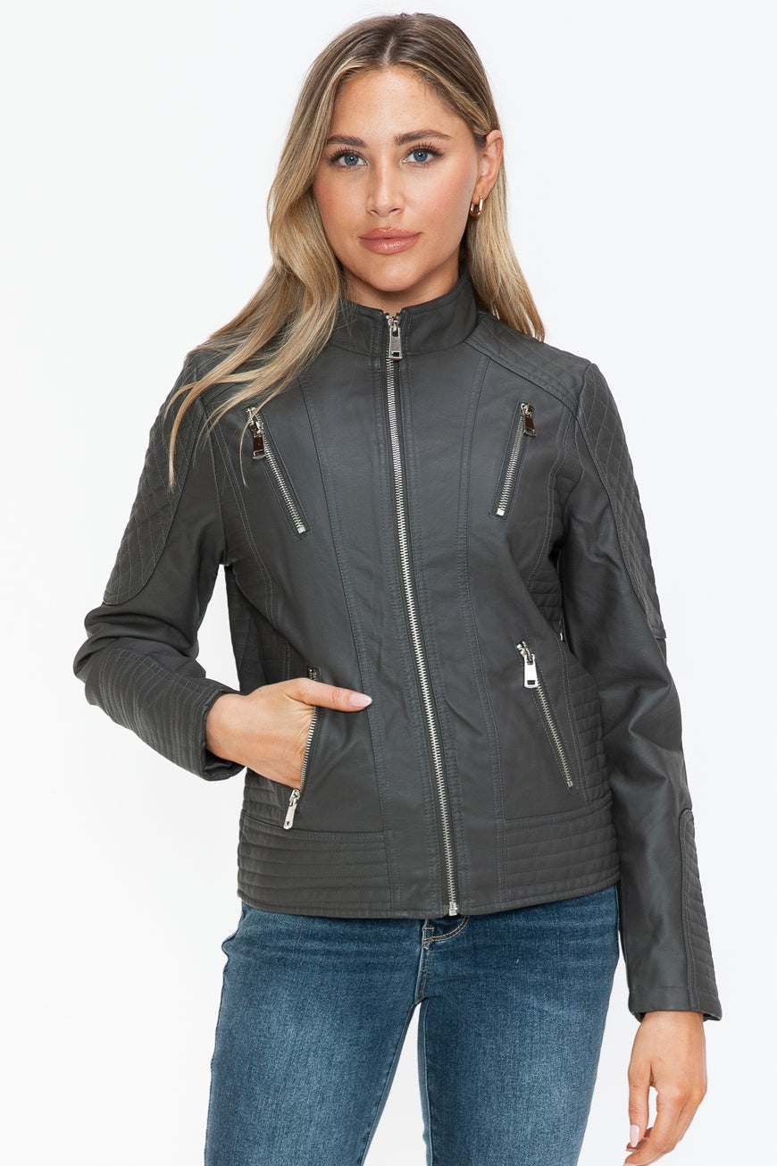Snobbish Faux Leather Zip Up Mock Neck Jacket - TopFashionHQ