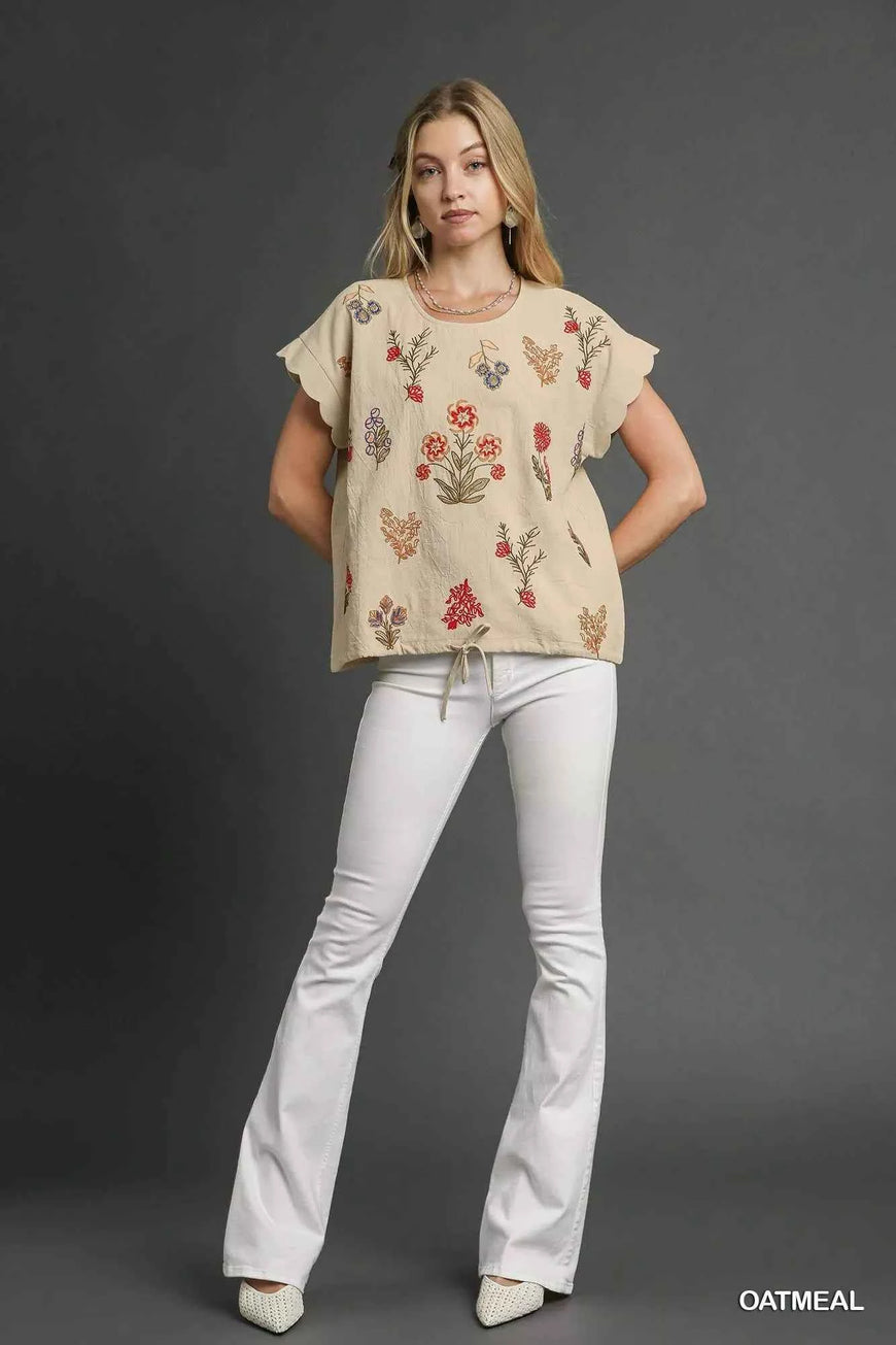Umgee Embroidered Scallop Sleeve Top with Drawstring Hem