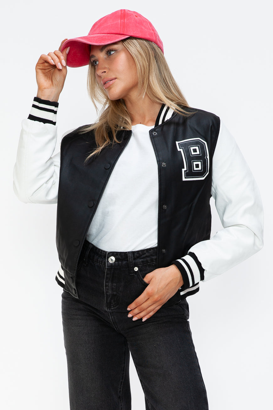 Love Me Now PU Leather Contrast Snap Down Bomber Jacket - TopFashionHQ