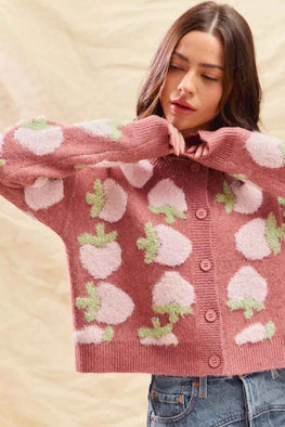 SO ME Strawberry Fruit All Over Button Sweater Cardigan