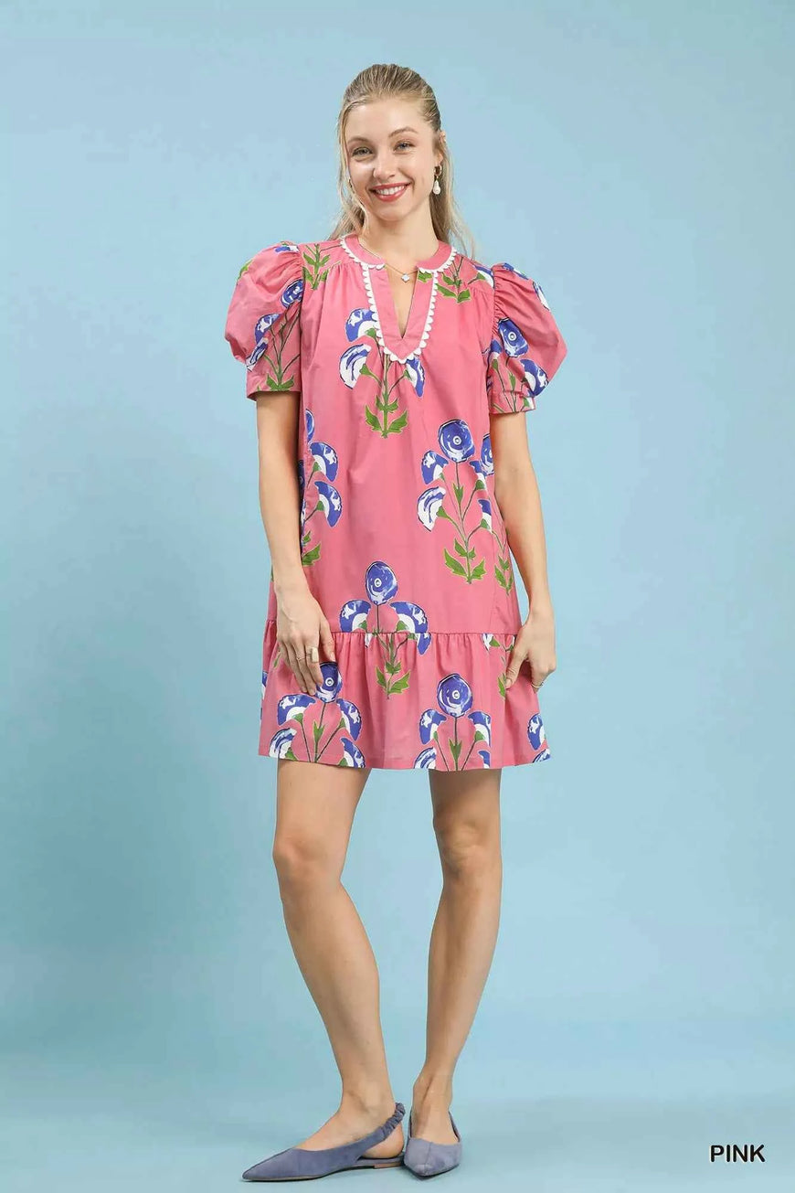 Umgee Floral Print Puff Sleeve Mini Dress with Scallop Trim