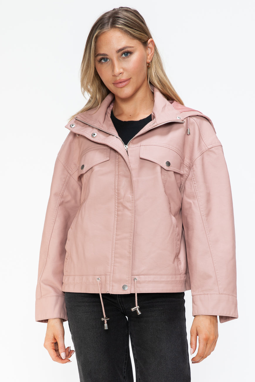 How Dare U Drawstring Hem PU Leather Zip Up Jacket - TopFashionHQ