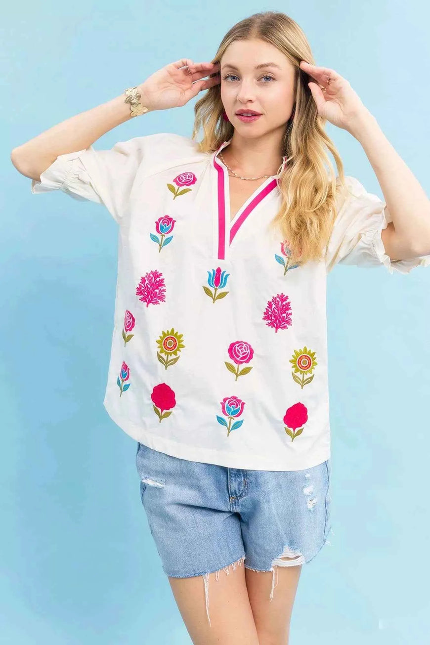 Umgee Embroidered Floral Top with Contrast Trim