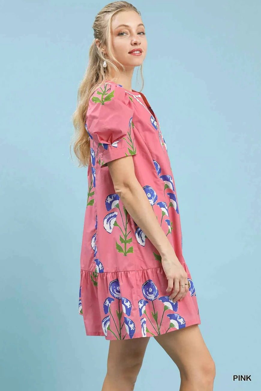 Umgee Floral Print Puff Sleeve Mini Dress with Scallop Trim