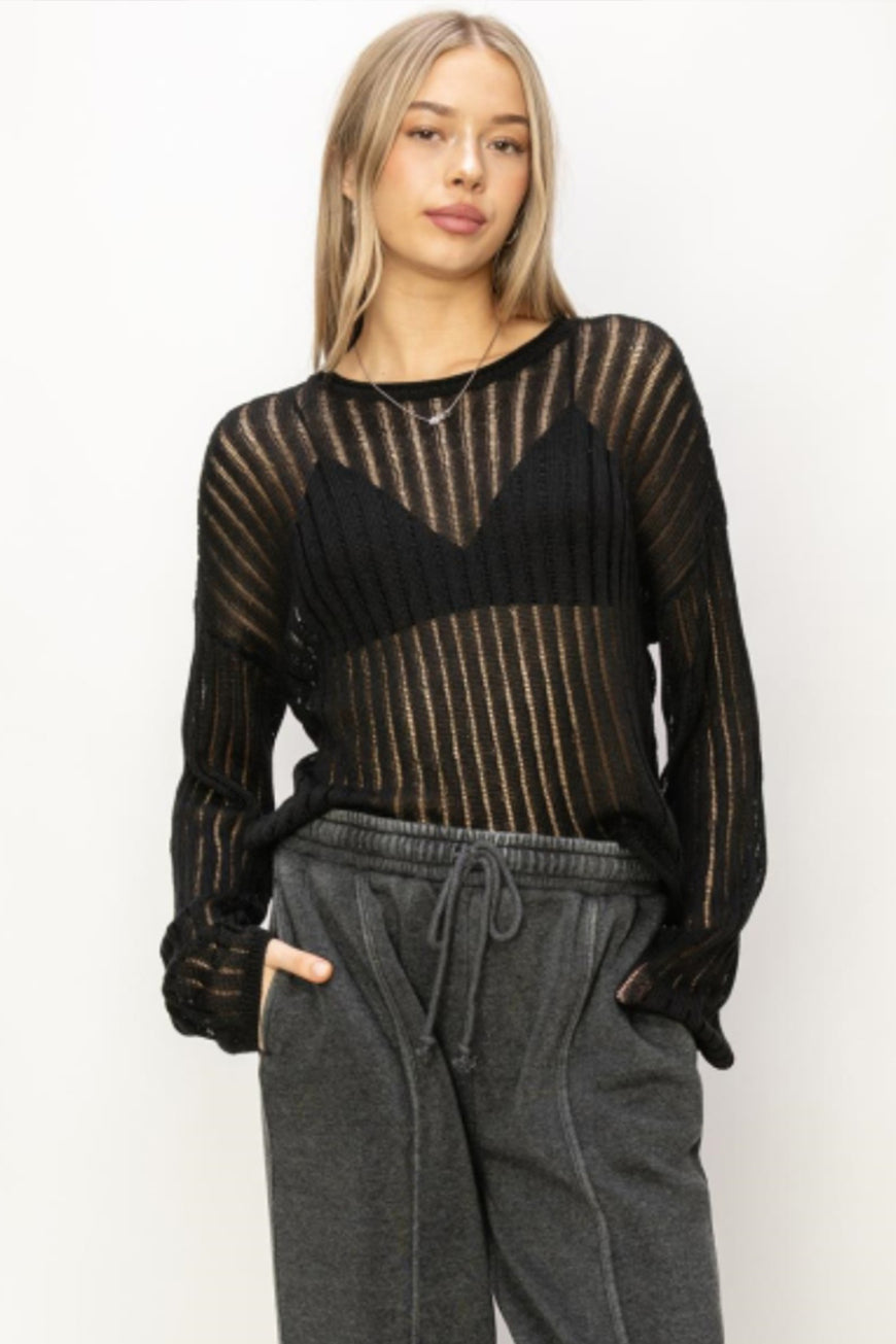 HYFVE Openwork Ribbed Long Sleeve Knit Top - TopFashionHQ